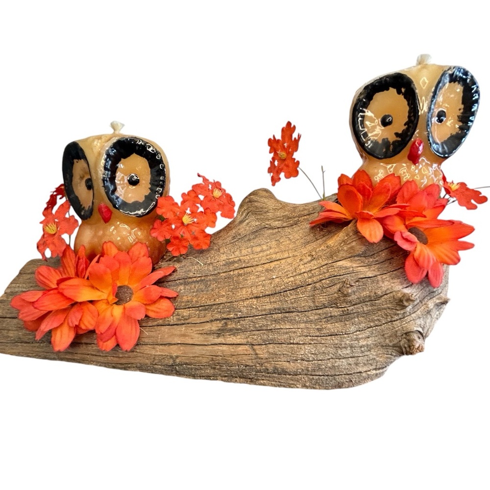 Rare Vintage Owl Candles On Log Owls.  Mid century